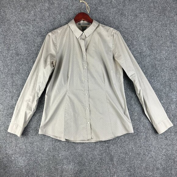Eddie Bauer Top Womens Large Wrinkle Free Shaped Fit Button Up Gray Polka Dot - Picture 1 of 8
